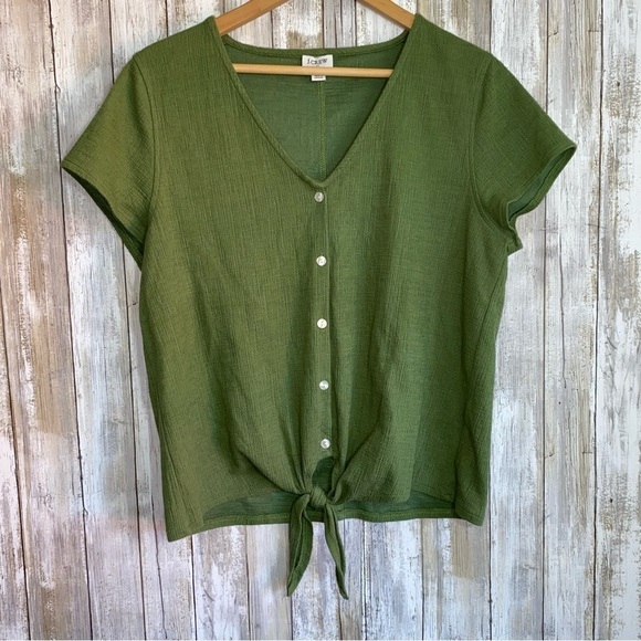 J. Crew Green Textured Tie Front Blouse - Picture 2 of 6